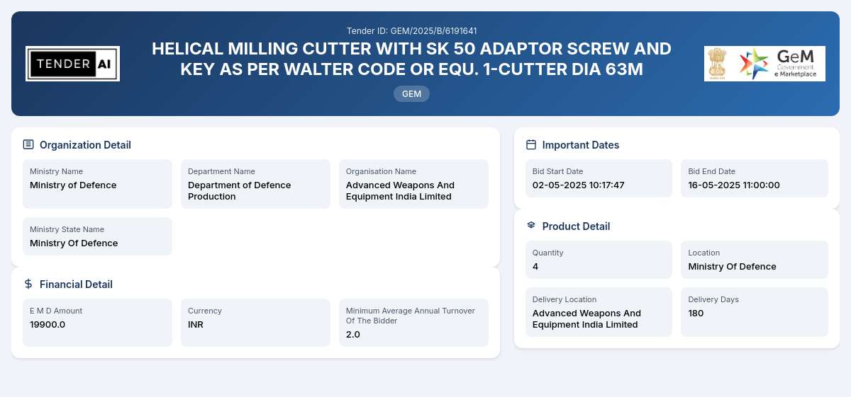 Department of Defence Production Tender by Advanced Weapons And Equipment India Limited (1444af725) Department of Defence Production Tender by Advanced Weapons And Equipment India Limited (1444af725)