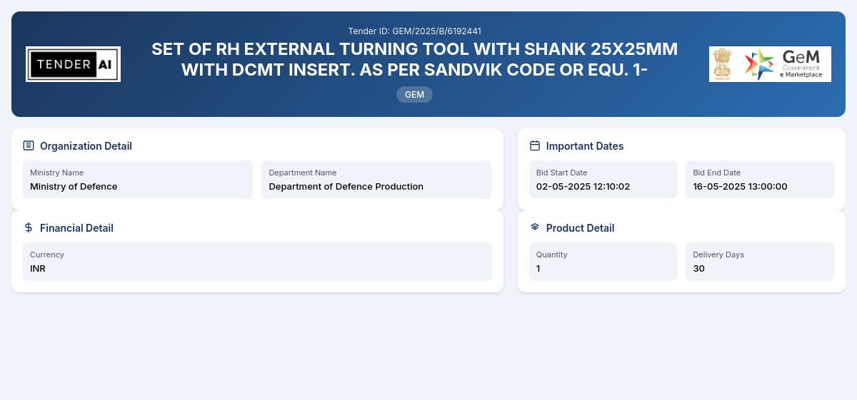 Department of Defence Production Tender by Advanced Weapons And Equipment India Limited (114a7642d) Department of Defence Production Tender by Advanced Weapons And Equipment India Limited (114a7642d)