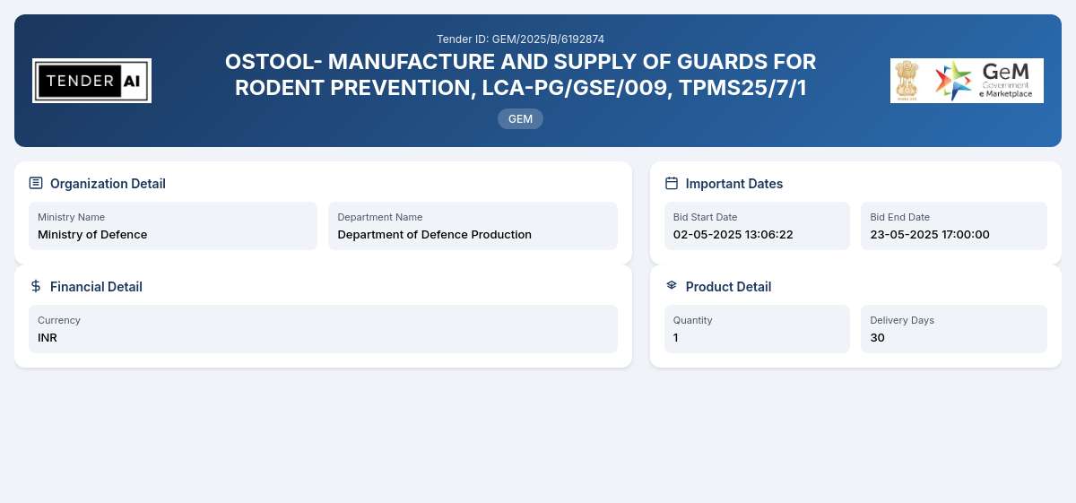 Manufacture and Supply of Guards for Rodent Prevention Manufacture and Supply of Guards for Rodent Prevention