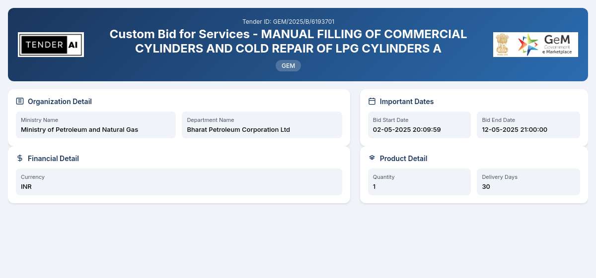 Bharat Petroleum Corporation Ltd Tender by Bharat Petroleum Corporation Ltd (GEM/2025/B/6193701) Bharat Petroleum Corporation Ltd Tender by Bharat Petroleum Corporation Ltd (GEM/2025/B/6193701)