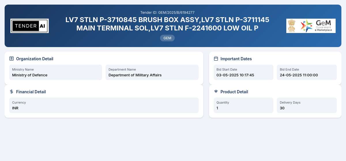 Department of Military Affairs Tender by Indian Army (GEM/2025/B/6194277)