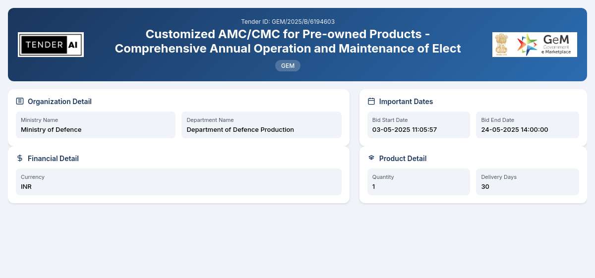 Department of Defence Production Tender by Hindustan Aeronautics Limited (hal) (GEM/2025/B/6194603) Department of Defence Production Tender by Hindustan Aeronautics Limited (hal) (GEM/2025/B/6194603)