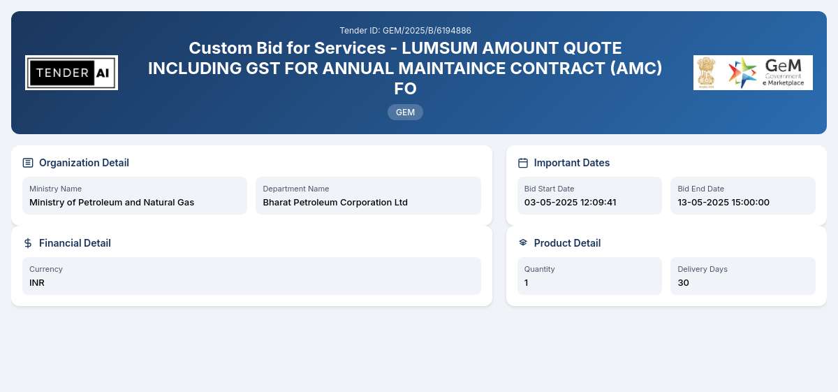 Bharat Petroleum Corporation Ltd Tender by Bharat Petroleum Corporation Ltd (GEM/2025/B/6194886) Bharat Petroleum Corporation Ltd Tender by Bharat Petroleum Corporation Ltd (GEM/2025/B/6194886)