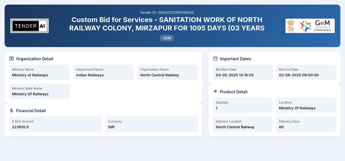 Indian Railways Tender by North Central Railway (GEM/2025/B/6195052) Indian Railways Tender by North Central Railway (GEM/2025/B/6195052)
