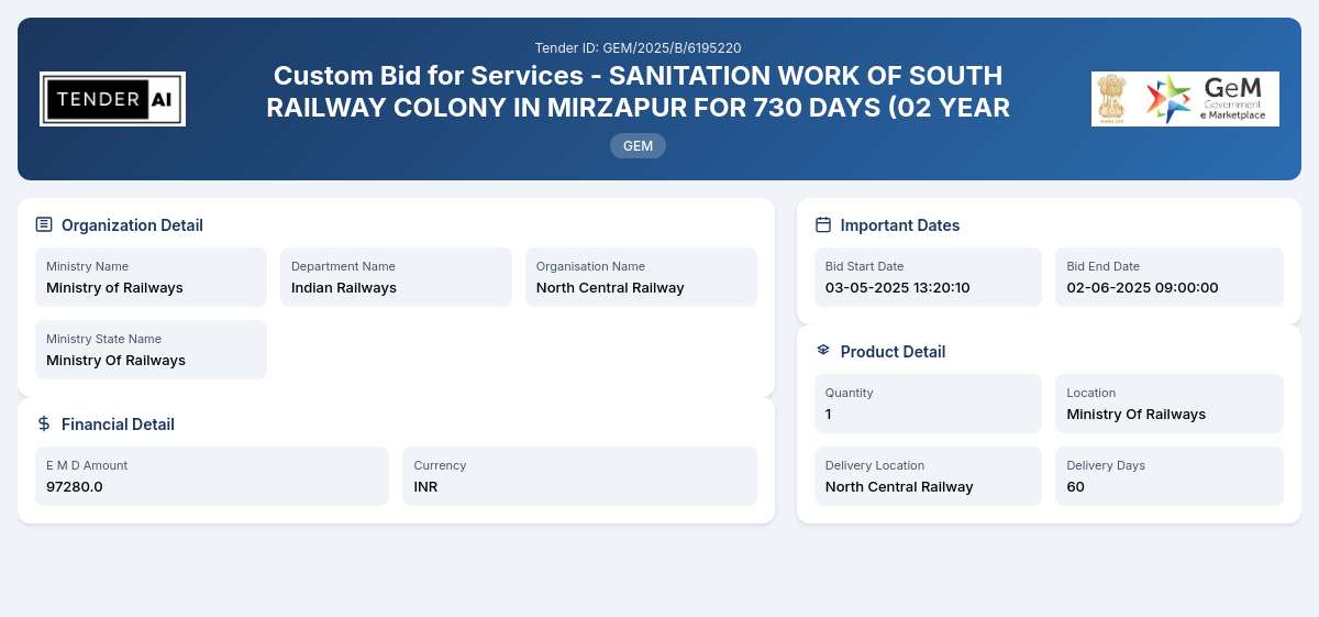 Indian Railways Tender by North Central Railway (GEM/2025/B/6195220) Indian Railways Tender by North Central Railway (GEM/2025/B/6195220)
