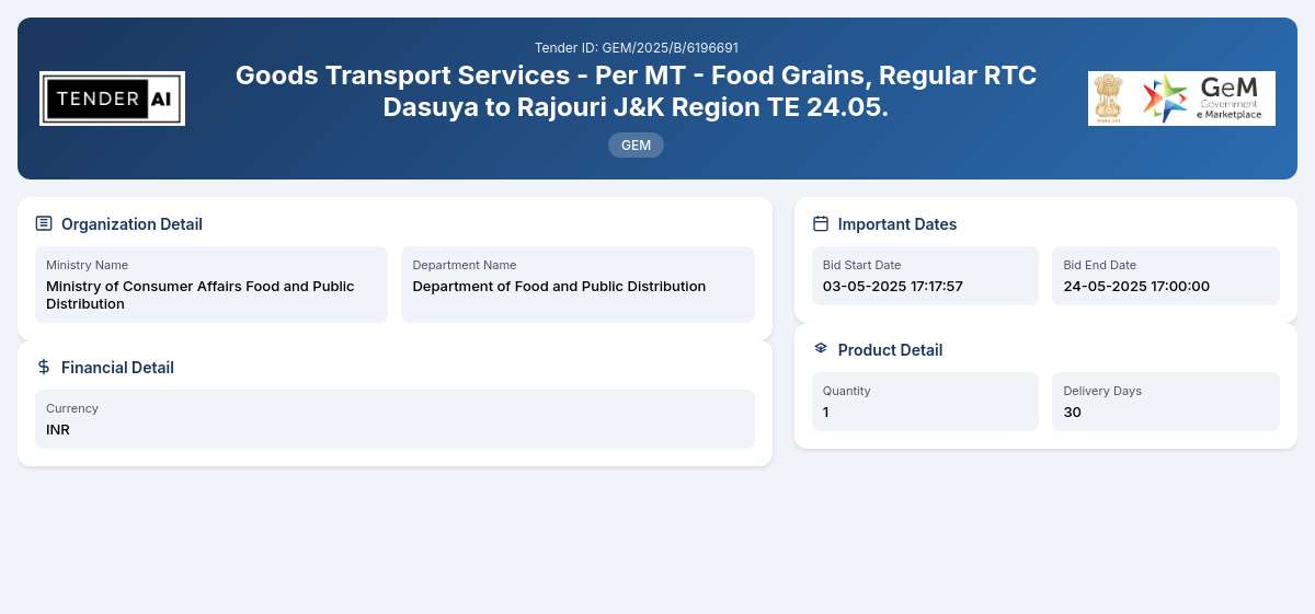 Department of Food and Public Distribution Tender by Food Corporation Of India (fci) (GEM/2025/B/6196691) Department of Food and Public Distribution Tender by Food Corporation Of India (fci) (GEM/2025/B/6196691)
