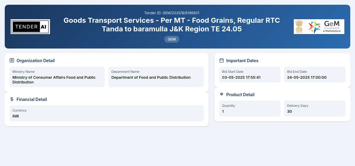 Department of Food and Public Distribution Tender by Food Corporation Of India (fci) (GEM/2025/B/6196801) Department of Food and Public Distribution Tender by Food Corporation Of India (fci) (GEM/2025/B/6196801)