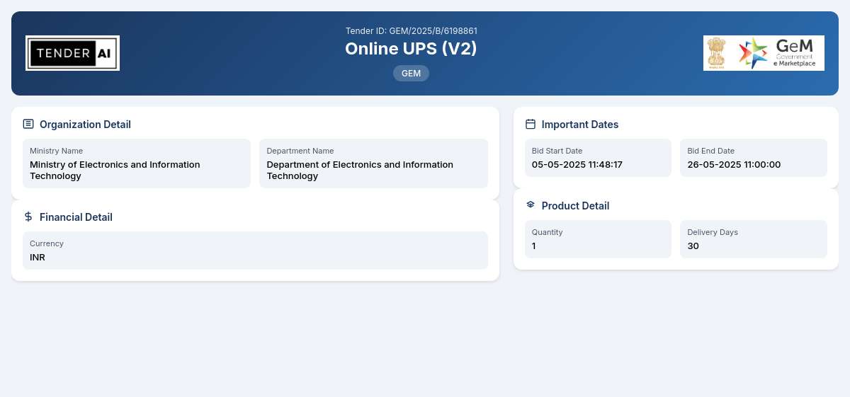Tender Description: Online UPS (V2) - GEM/2025/B/6198861 Tender Description: Online UPS (V2) - GEM/2025/B/6198861