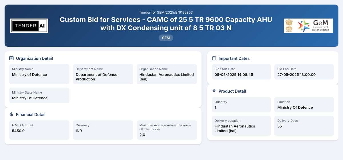 Department of Defence Production Tender by Hindustan Aeronautics Limited (hal) (GEM/2025/B/6199853)