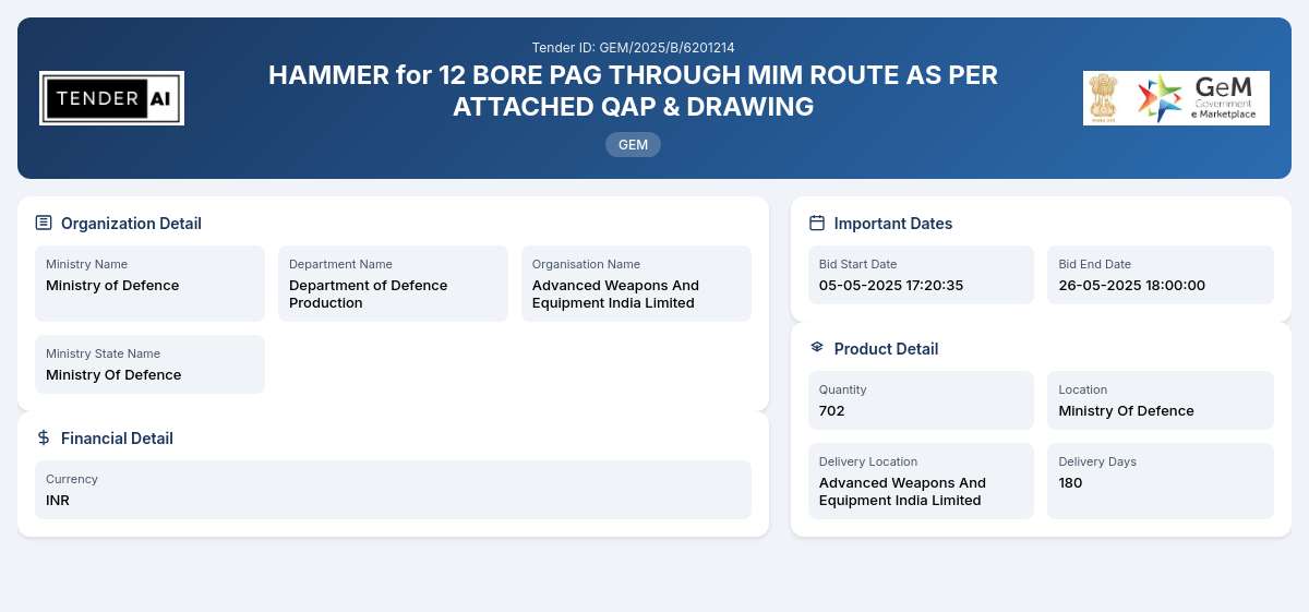 Department of Defence Production Tender by Advanced Weapons And Equipment India Limited (e6779837) Department of Defence Production Tender by Advanced Weapons And Equipment India Limited (e6779837)